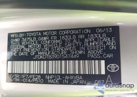 2013 Toyota Prius C One z USA, uszkodzony, nr VIN JTDKDTB39D1547449